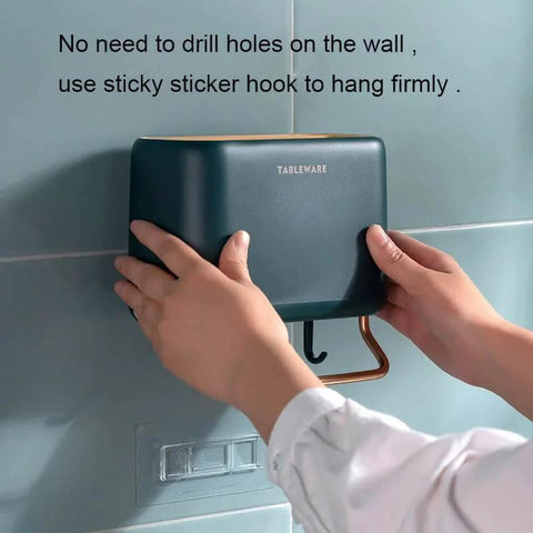Person mounting Multifunctional Kitchen Utensils Wall Mounted Organizer Box with sticky hook on kitchen wall, no-drill installation