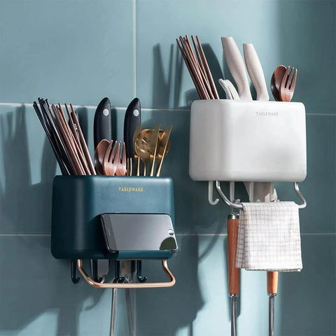 Multifunctional Kitchen Utensils Wall Mounted Organizer Box,Cookware Cutlery Holder Tableware Wall Drainer Self Drying Rack with Hooks
