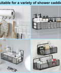 Various shower caddies displaying toiletries, paper towels, and accessories in a tiled bathroom setup for organized storage.