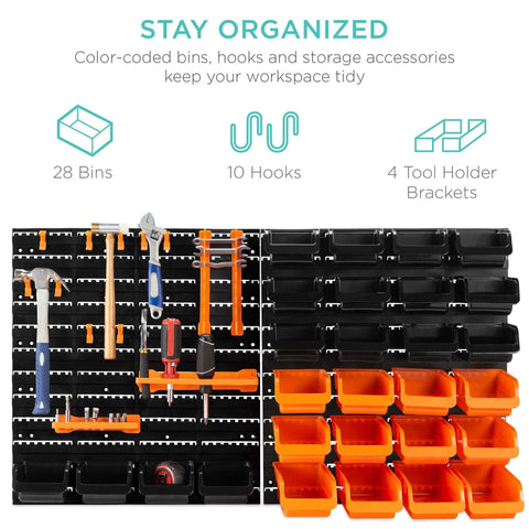 Wall Mounted Pegboard Garage Storage System With 28 Color Coded Bins And 14 Accessories 44 Piece Tool Organizer