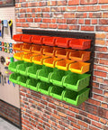 Wall Mounted Storage Bins Rack With Four Color Bins For Garage And Workshop Organization 25.2 By 16.2 Inches Plastic Bin Organizer