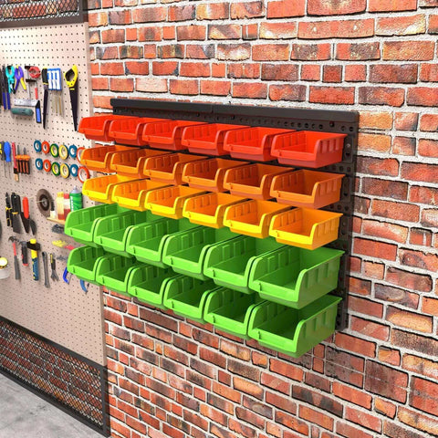Wall Mounted Storage Bins Rack With Four Color Bins For Garage And Workshop Organization 25.2 By 16.2 Inches Plastic Bin Organizer