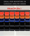 Wall Mounted Storage Bins Rack for Garage and Workshop With 30 Color Coded Bins and 2 Black Panels shown installed