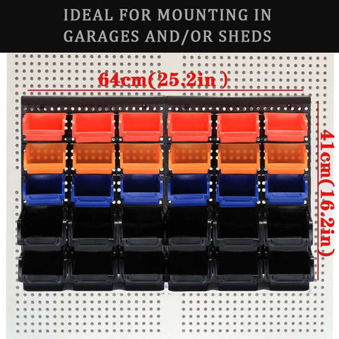 Wall Mounted Storage Bins Rack for Garage and Workshop With 30 Color Coded Bins and 2 Black Panels shown installed