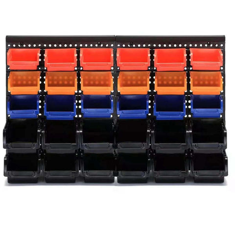 Wall Mounted Storage Bins Rack for Garage and Workshop With 30 Red Orange Blue Small Bins and Large Black Bins on Black Panels.