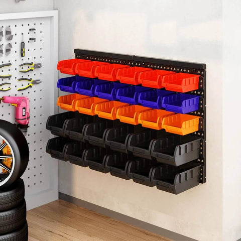 Wall Mounted Storage Bins Rack for Garage and Workshop With 30 Color Coded Bins and 2 Black Panels installed on wall