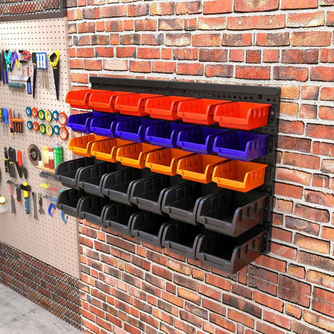 Wall Mounted Storage Bins Rack for Garage and Workshop With 30 Color Coded Bins and 2 Black Panels on brick wall