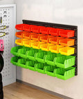 Wall Mounted Storage Bins Rack With Four Color Bins For Garage And Workshop Organization 25.2 By 16.2 Inches Plastic Bin Organizer