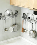 Wall Mounted Utensil Hook Rack with 8 Hooks, No Drill Installation in Space Gray, kitchen wall organization for pans and utensils