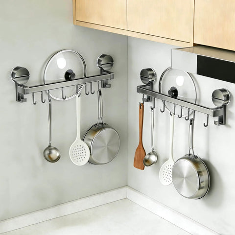 Wall Mounted Utensil Hook Rack with 8 Hooks, No Drill Installation in Space Gray, kitchen wall organization for pans and utensils