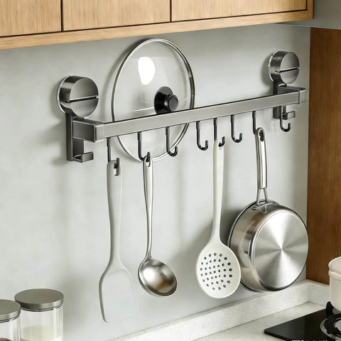 Wall Mounted Utensil Hook Rack with 8 Hooks, No Drill Installation in space gray, organizing kitchen utensils and pans on a wall.