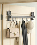 Wall Mounted Utensil Hook Rack with 8 Hooks, No Drill Installation, Space Gray Finish, holding bag, coat, and cap on door