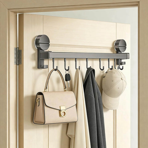 Wall Mounted Utensil Hook Rack with 8 Hooks, No Drill Installation, Space Gray Finish, holding bag, coat, and cap on door