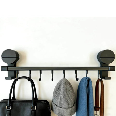 Wall Mounted Utensil Hook Rack with 8 Hooks, No Drill Installation, space gray finish holding coat, hat, towel, and bag
