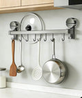 Wall Mounted Utensil Hook Rack with 8 Hooks, No Drill Installation, Space Gray Finish in kitchen, hanging utensils and pans