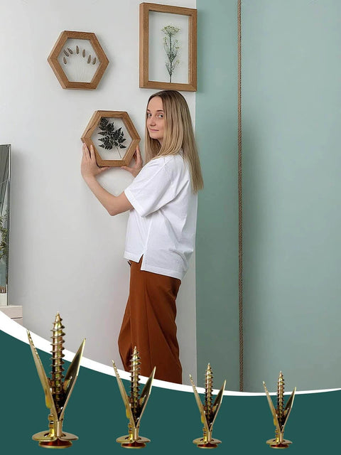 Woman mounting shelves using 100 pcs self drilling drywall anchors and screws kit with 50 sheetrock anchors and 50 zinc expansion screws.