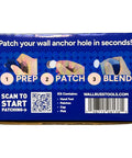 Box showing Wall Patch Kit For Small Anchor Holes No Spackle No Sanding No Sprays Easy Sticker Application Quick Fix directions.