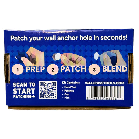 Box showing Wall Patch Kit For Small Anchor Holes No Spackle No Sanding No Sprays Easy Sticker Application Quick Fix directions.