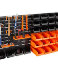 Wall Mounted Pegboard Garage Storage System With 28 Color Coded Bins And 14 Accessories 44 Piece Tool Organizer panel with tools.