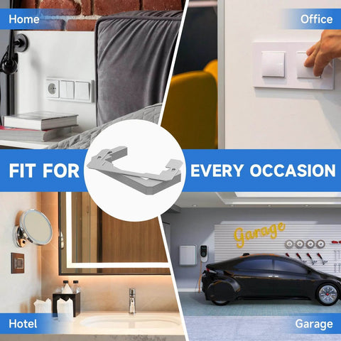 10 Pcs Wall Plate Spacer, Spacers for Electrical Outlets shown for home, office, hotel, and garage use with inset image of metal spacer.