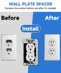 Comparison of electrical outlet before and after using 10 Pcs Wall Plate Spacer, Spacers for Electrical Outlets, Metal Flush Fit Device Leveling Plates.