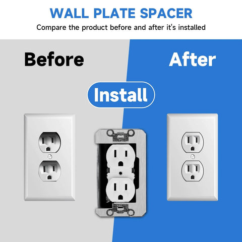 Comparison of electrical outlet before and after using 10 Pcs Wall Plate Spacer, Spacers for Electrical Outlets, Metal Flush Fit Device Leveling Plates.