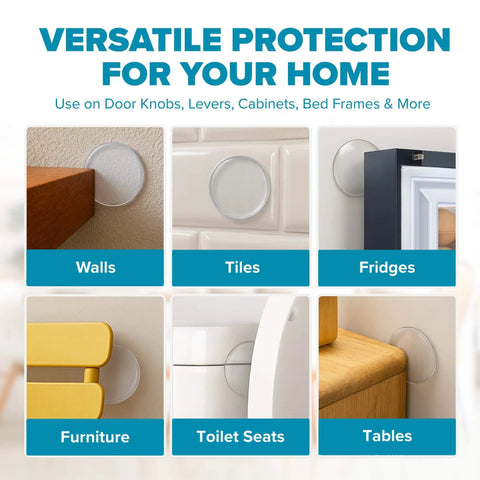 STRONGEST HOME Wall Protector for Door Knobs, clear adhesive bumpers on walls, tiles, fridges, furniture, toilet seats, tables.