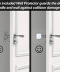 Wall protector preventing door handle damage, showing before and after with cracked wall and smiling face icon.