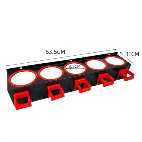 Wall Mounted Spray Bottle Rack With Five Hooks Heavy Duty Cold Rolled Steel Organizer shown with dimensions 53.5cm x 11cm