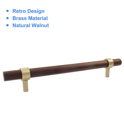 Walnut Wood Cabinet Pulls Set Of 2 With Screws, 160mm Hole Center Drawer Handles, Rustic Brass Knobs For Kitchen Cabinets