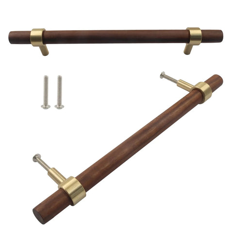 Walnut Wood Cabinet Pulls Set Of 2 With Screws, 160mm Hole Center Drawer Handles, Rustic Brass Knobs For Kitchen Cabinets Drawers Cupboards
