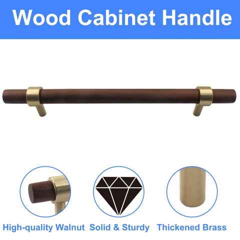 Walnut Wood Cabinet Pulls Set Of 2 With Screws, 160mm Hole Center Drawer Handles, rustic brass knobs, 8.66" length, classic retro style
