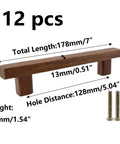 Walnut Wood Drawer Pulls 12 Pack 178mm Long Center To Center 128mm with screws included, shown with dimensions and two screws