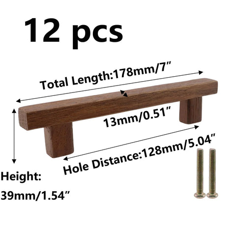 Walnut Wood Drawer Pulls 12 Pack 178mm Long Center To Center 128mm with screws included, shown with dimensions and two screws