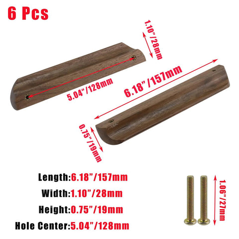 Walnut Wood Drawer Pulls Set Of 6 Solid Wood Furniture Handles With 5.04 Inch Hole Centers 128mm And 6.18 Inch Length 157mm