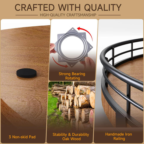Round 21 Inch Walnut Wooden Lazy Susan Turntable Organizer For Cabinets Dining Table with strong bearings and iron railing