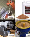 Collage of blasting, tumbling, and vibratory uses of 5 Lb Ground Walnut Shells With 18 To 40 Grit For Finishing And Polishing.