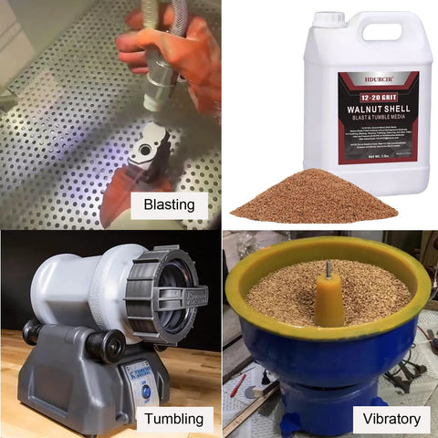 Collage of blasting, tumbling, and vibratory uses of 5 Lb Ground Walnut Shells With 18 To 40 Grit For Finishing And Polishing.