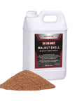All Natural Walnut Shell Grit 12/20, 5 Lb Pack in a white container and loose grit for tumbling, polishing, and more.