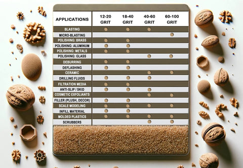 GRITSMITH 12-20 grit ground walnut shell media, 5 lb, top-down view with an applications chart and walnuts.