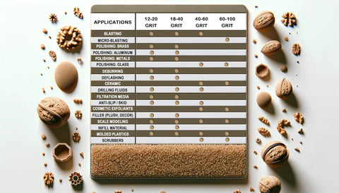 Fine 40 60 Grit Walnut Shell Media for gentle blasting uses chart with diverse applications, walnuts, and crushed shell display.