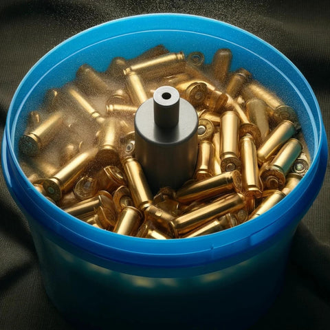 Front view of a blue plastic bucket filled with brass cartridge casings.