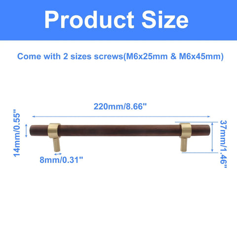 Walnut Wood Cabinet Pulls Set Of 2 With Screws, 160mm Hole Center Drawer Handles, shown with size dimensions and screws