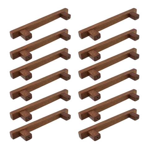 Walnut Wood Drawer Pulls 12 Pack 178mm Long Center To Center 128mm 5 Inch Wooden Handles with screws, rustic finish, side view.