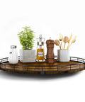 Walnut Wood 18 Inch Lazy Susan Turntable Organizer with spices and decor, ideal for cabinet and countertop kitchen storage.