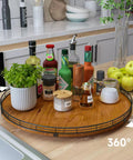 Round 21 Inch Walnut Wooden Lazy Susan Turntable Organizer For Cabinets Dining Table Kitchen Countertops Pantry Cupboard Storage Premium Solid Wood Durable Food Safe Home Decor Accessory with condiments and bottles on countertop.
