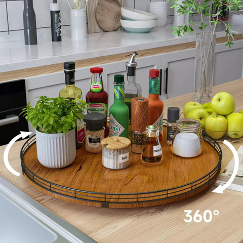 Round 21 Inch Walnut Wooden Lazy Susan Turntable Organizer For Cabinets Dining Table Kitchen Countertops Pantry Cupboard Storage Premium Solid Wood Durable Food Safe Home Decor Accessory with condiments and bottles on countertop.