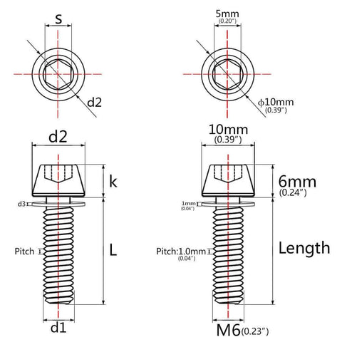 Technical diagram of Wanyifa Titanium M6x16 18 20 25mm Hex Tapered Head for Bicycle Crank Brake Fixed Upgrade Screw dimensions and measurements.