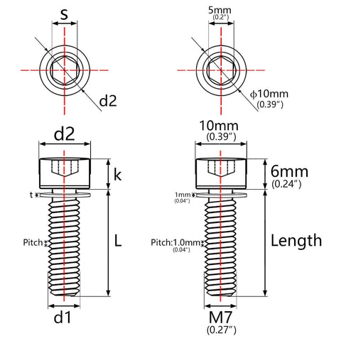 Technical diagram of ✝️ Wanyifa Titanium Ti Bolt M7 x 20mm Allen Head with Washers Bike Scewrs Pack of 4, showing dimensions.