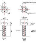 Technical drawing of ✝️ Wanyifa Titanium Ti Water Bottle Cage M5x8 10 12 15mm Bolt Button Head Allen Key Screws, dimensions shown.